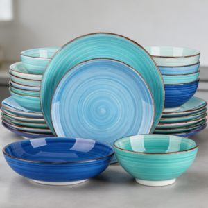 Blue Hand-Painted Spiral Stoneware Dinnerware Set 24-Piece Service 6