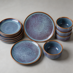 Grey-Blue Reactive Glaze Stoneware Dishes 12-Piece Set for 4