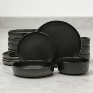 Black Double Bowl Reactive Glaze Stoneware Dinnerware Set 16-Piece