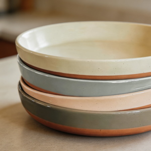 Ceramic Wide Flat Pasta Bowls 35oz Set of 4 Neutrals